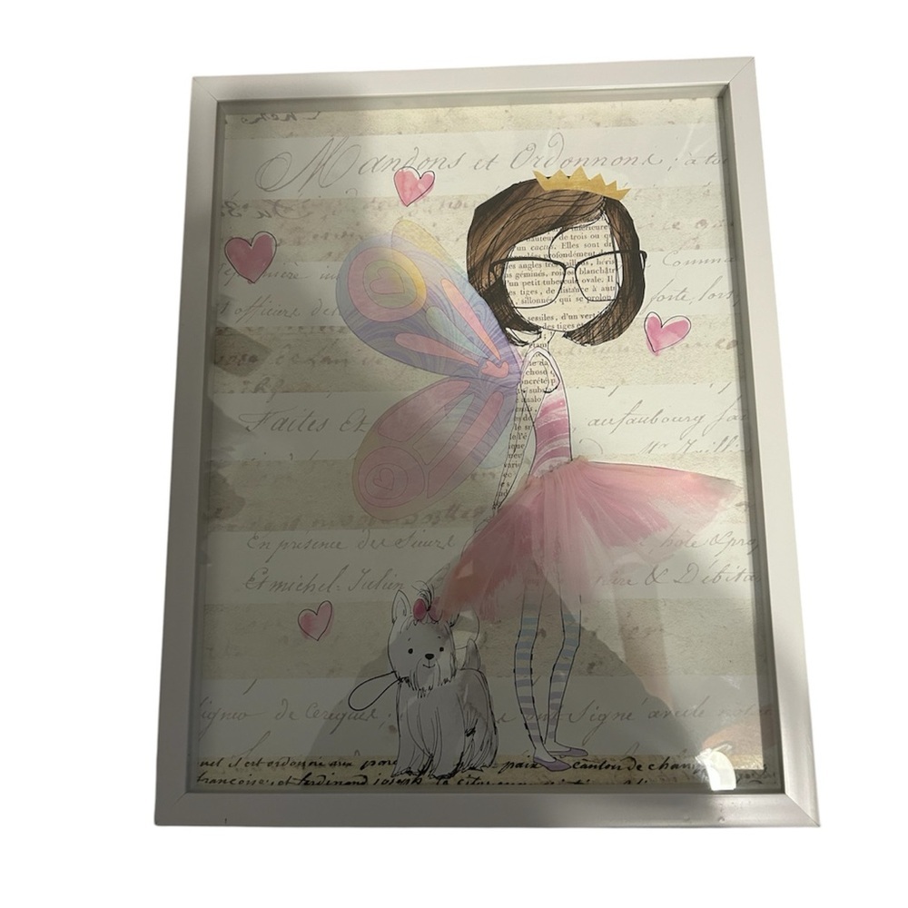 Ballerina fairy with dog large girls wall picture wood frame